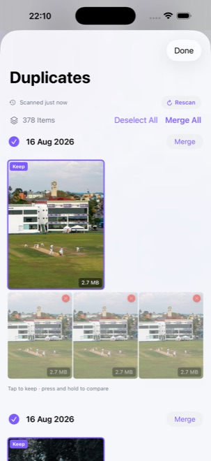 Duplicate photos grouped side by side with the best one marked to keep