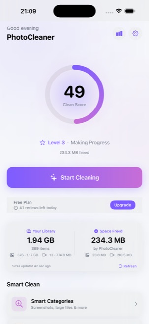 PhotoCleaner home screen showing a clean score of 49 and 234 MB freed