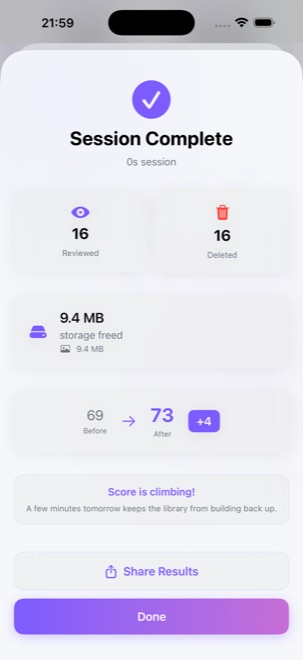 Session summary showing 9.4 MB freed and the clean score rising from 69 to 73