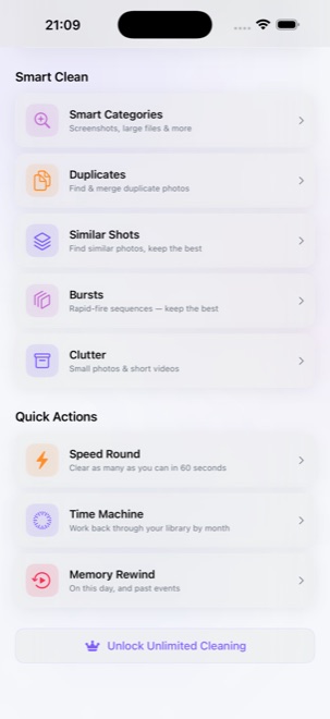 A list of cleaning tools: smart categories, duplicates, similar shots, bursts, clutter, speed round, time machine and memory rewind